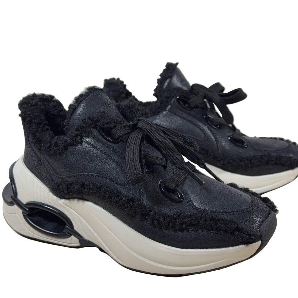 Michael Kors Toni Trainer Sneakers Women's Black Leather Shearling Trim 5.5M
